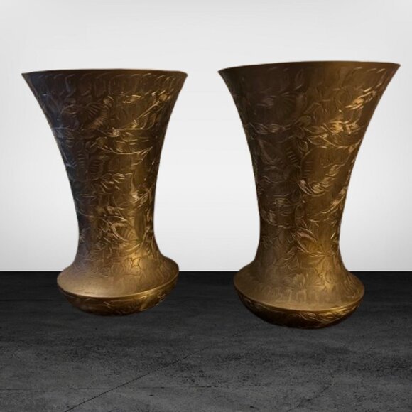 Solid Brass Etched Floral Flower Vases - Picture 1 of 3